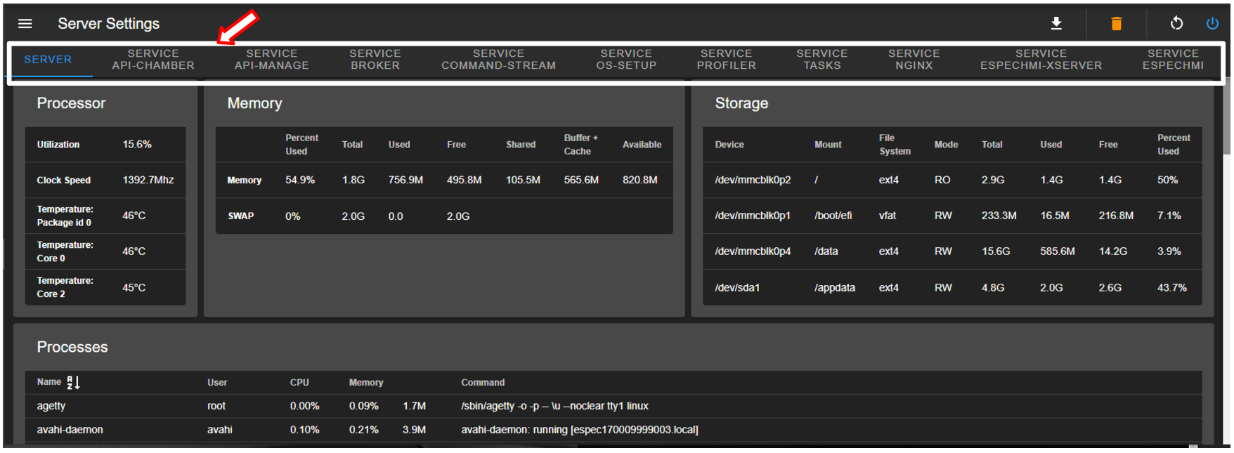 Server settings control center