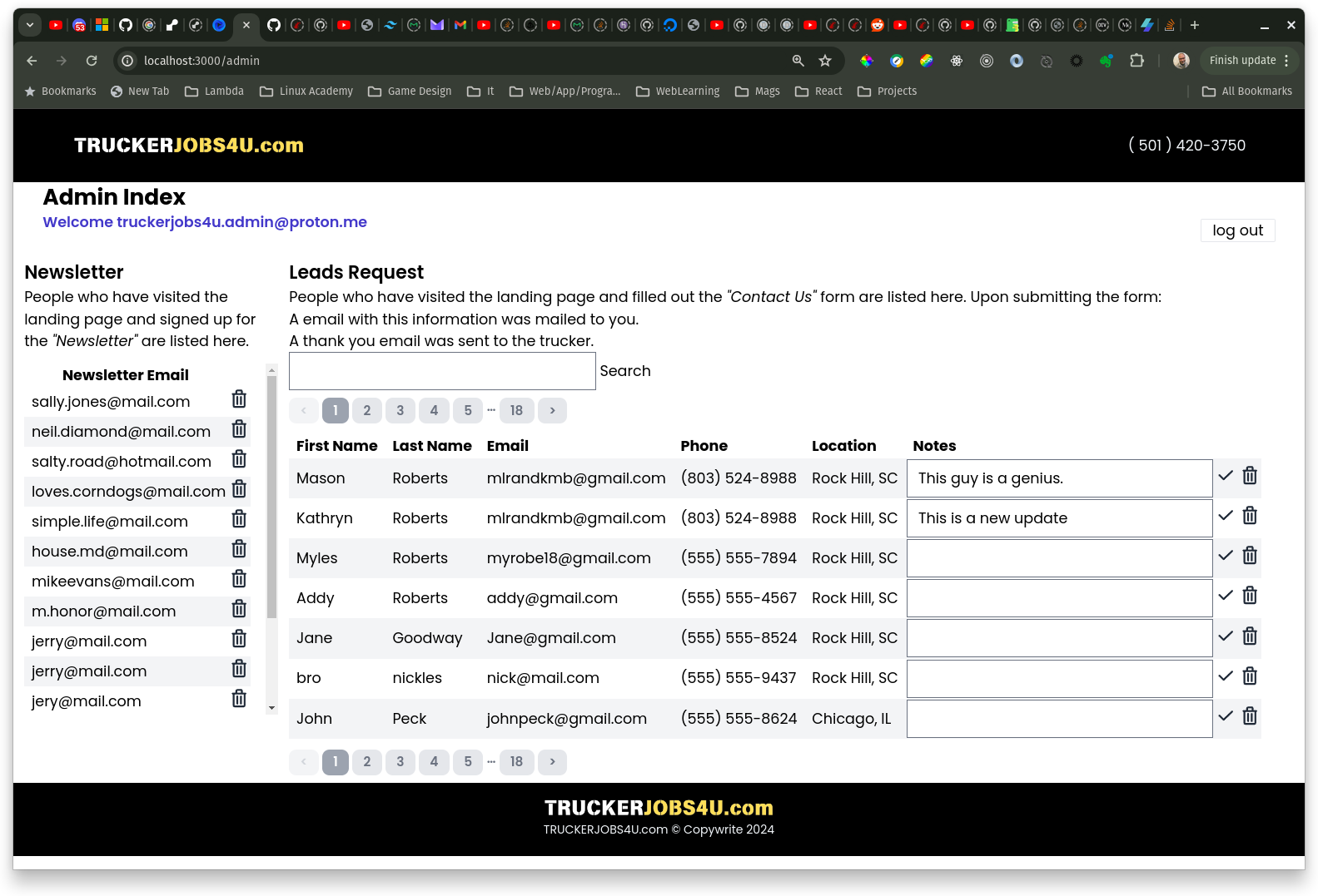 Screenshot of the admin dashboard