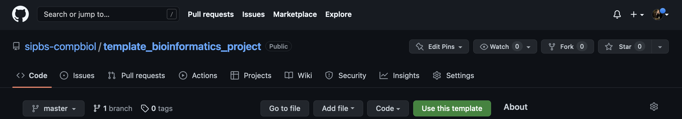 A screenshot of this GitHub repository showing the location of the Use This Template button on the GitHub repository page