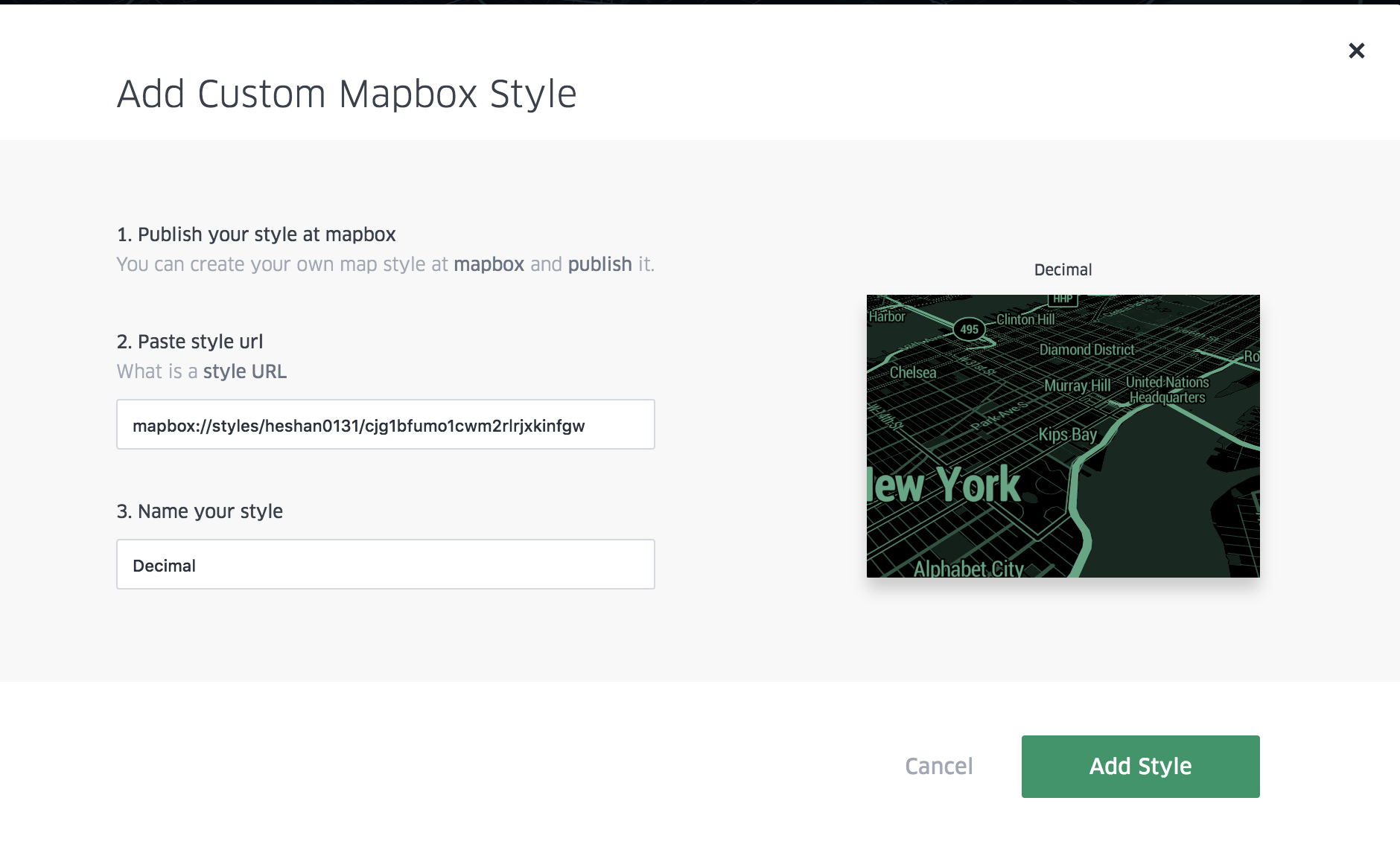 Add Custom Mapbox Styles popup