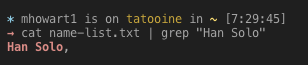 Screen Shot of the command cat name-list.txt | grep "Han Solo". The output shows only the line with Han Solo's name on it.