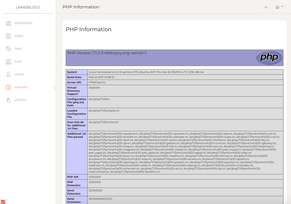 LaraBlog Admin PHP Info