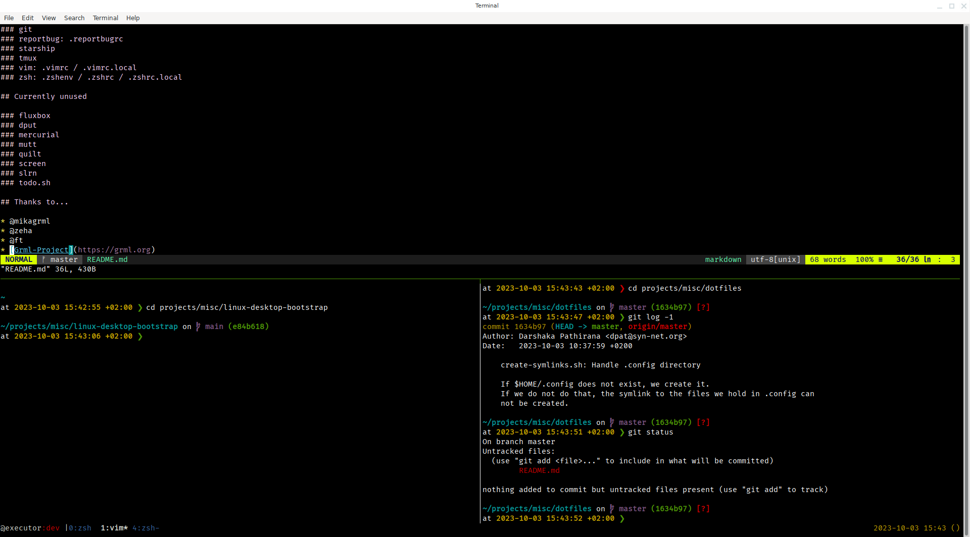 Screenshot of tmux, vim, zsh with starship + git config