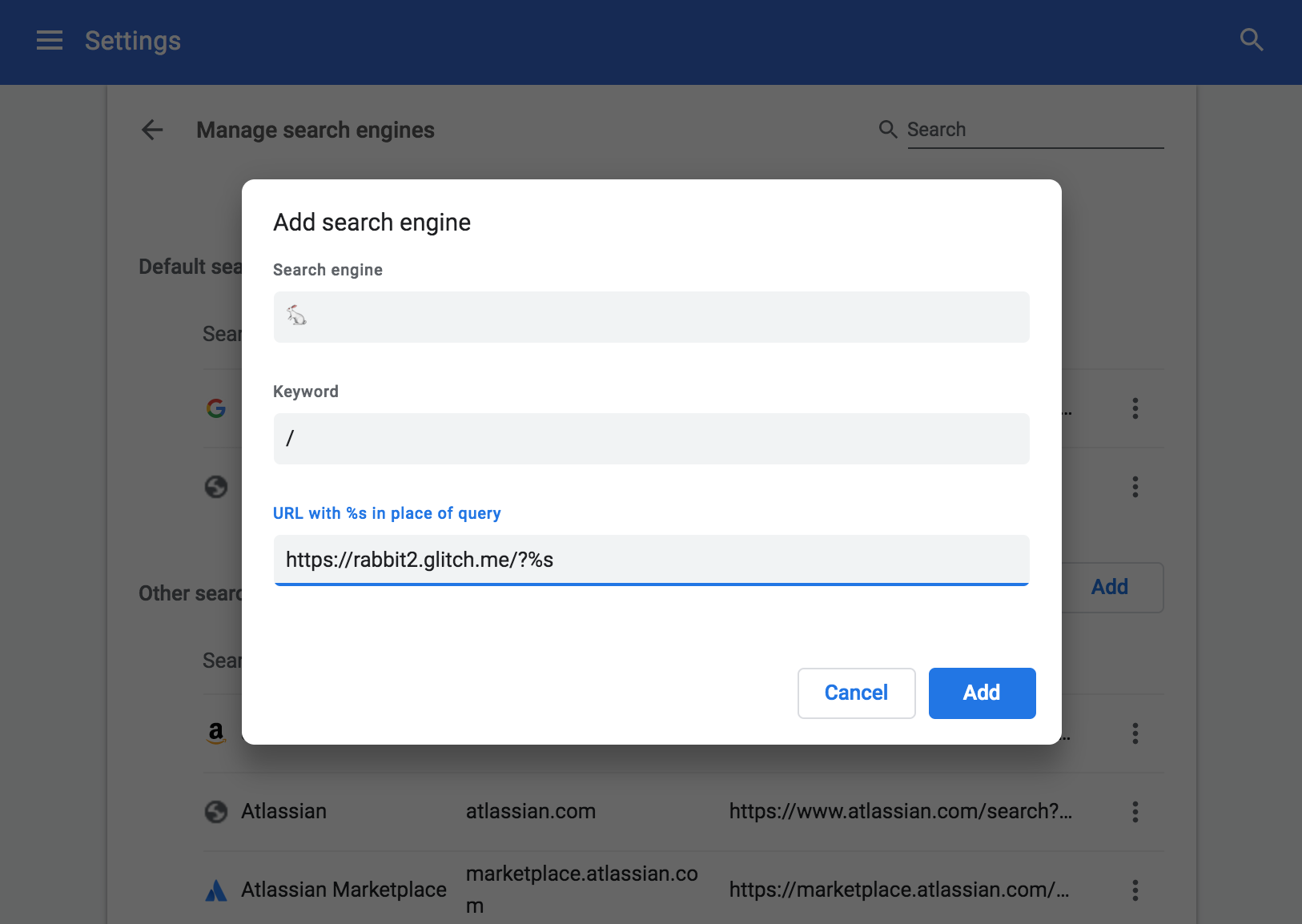 Add a default search engine in Google Chrome