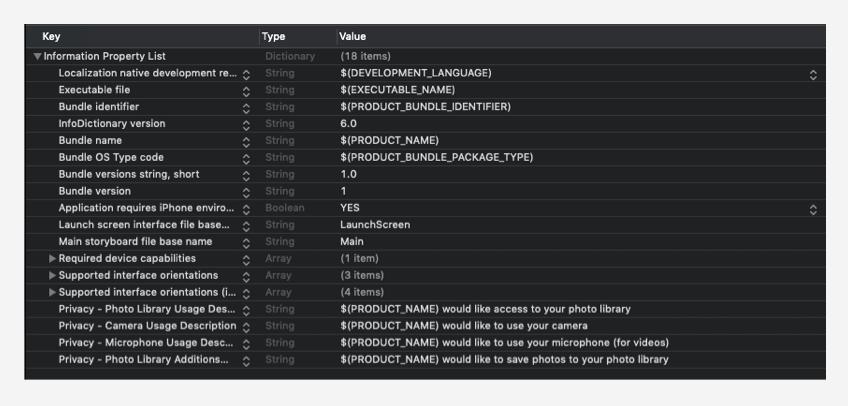 The information property list editor, which let you configure media attachment permission.