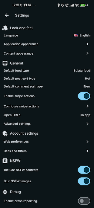 settings screen