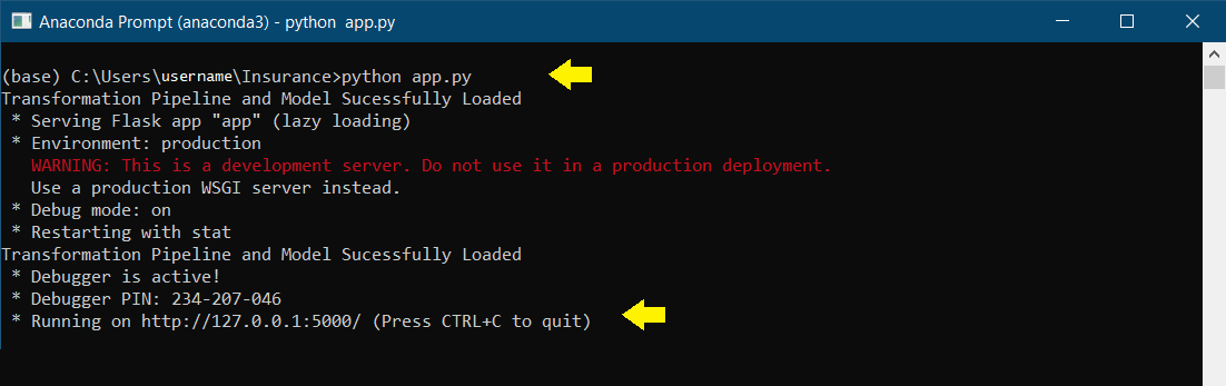 Output in Anaconda Prompt when app.py is executed