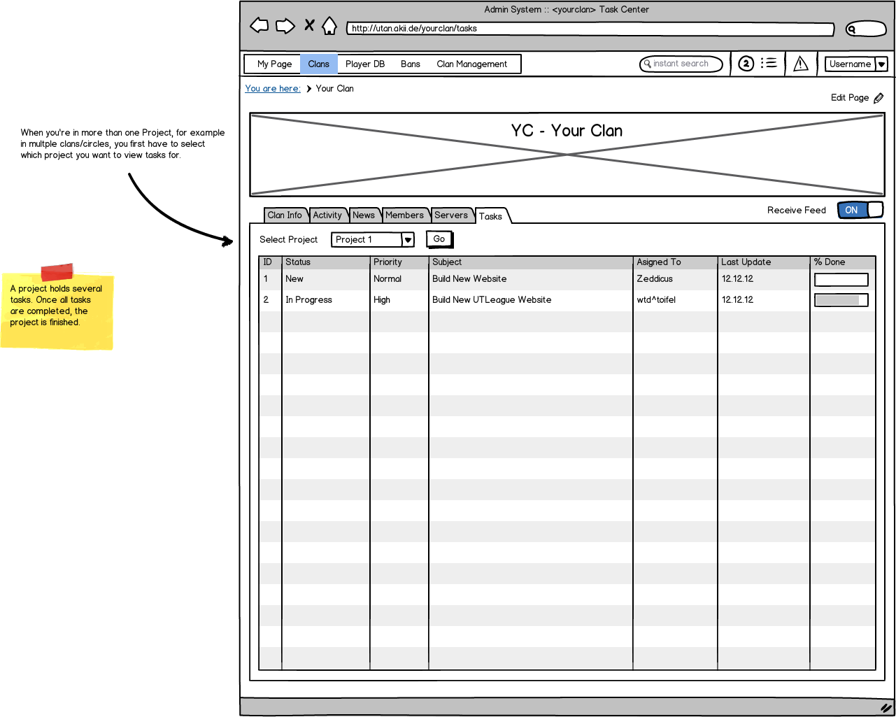 Current Mockup of the clans / tasks page