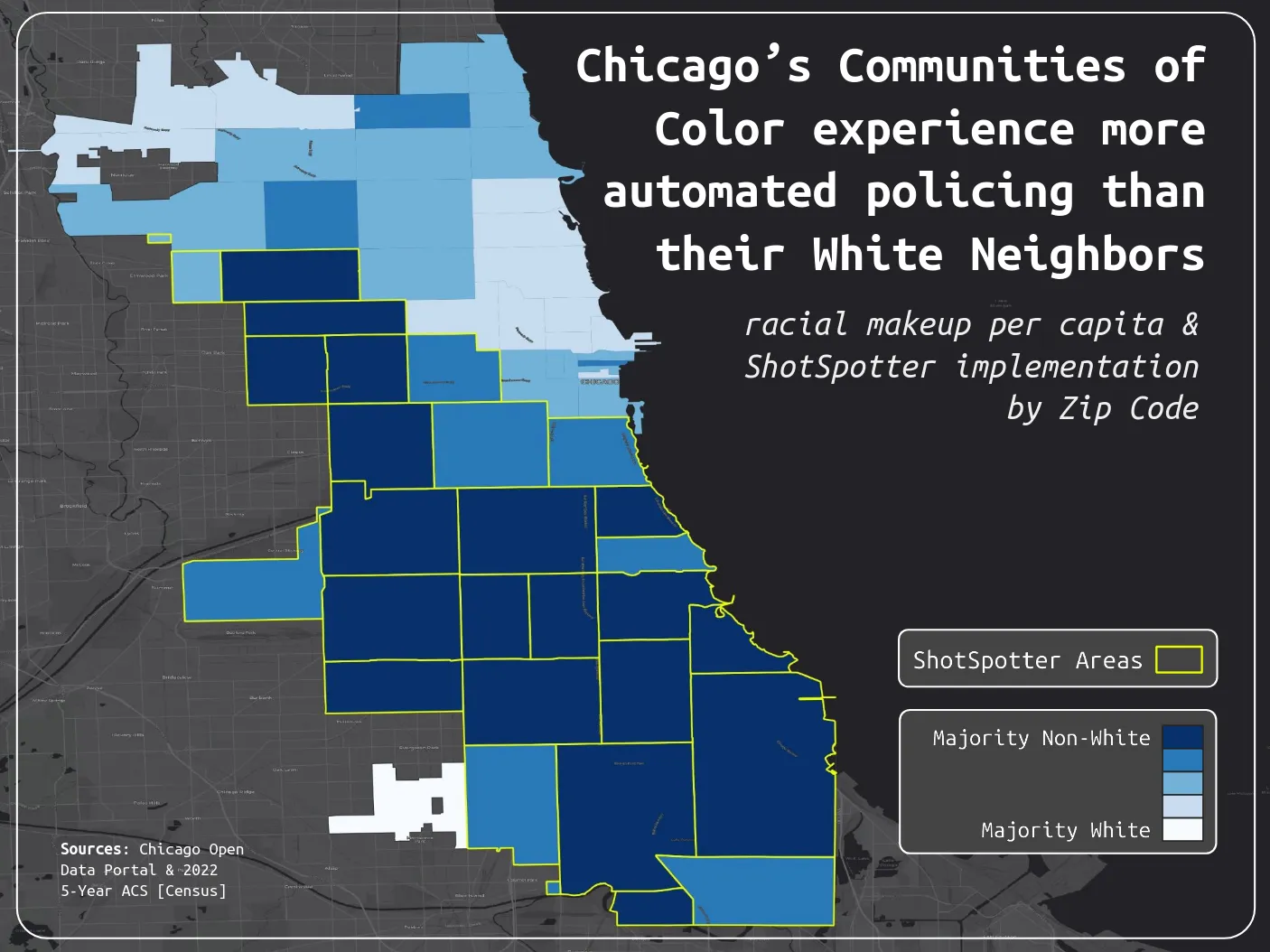 map of shotspotter usage in Chicago alongside race