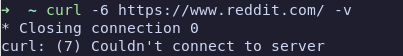 Image of command line showing curl cannot connect to reddit over IPv6