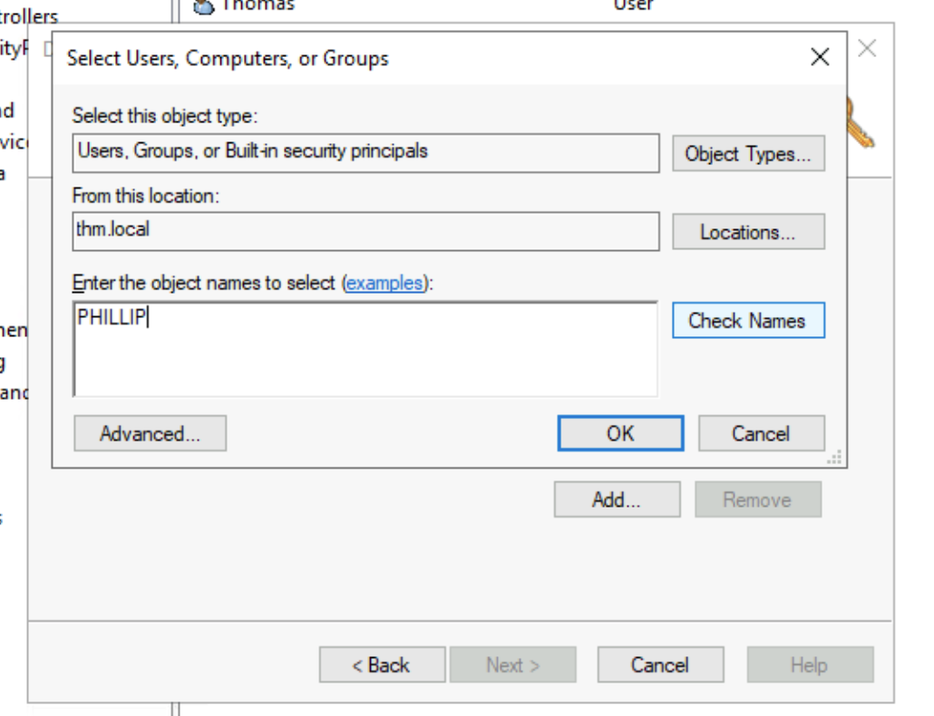 Clicking Add on the Add Users/Groups, typing a User and clicking Verify to make sure the right User is selected.