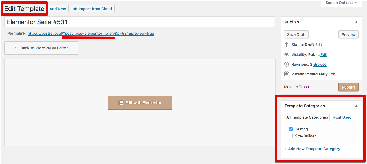 Edit a template - and set the template category (Example of an Elementor template)