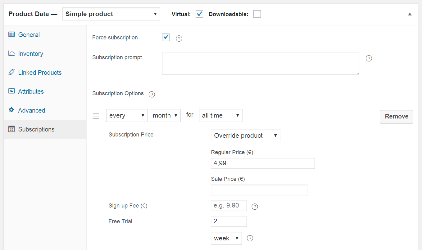 Example Subscription Options with the Sign-Up and Free Trial Fields on a Simple Product