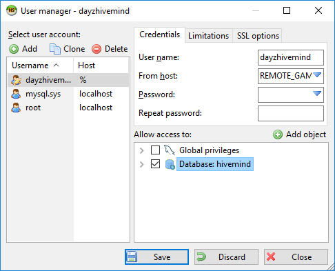 HeidiSQL User Manager Dialogue