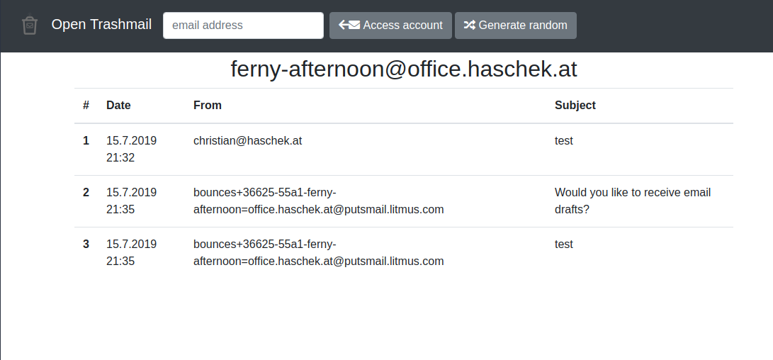 Screenshot of Open Trashmail