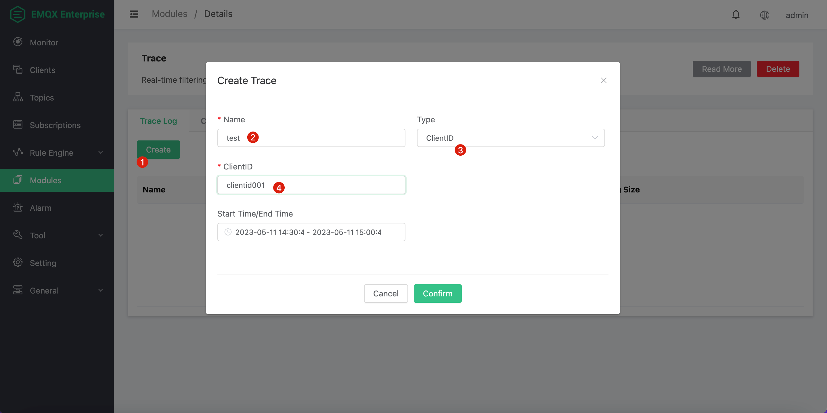 Enable the log trace in the EMQX Dashboard