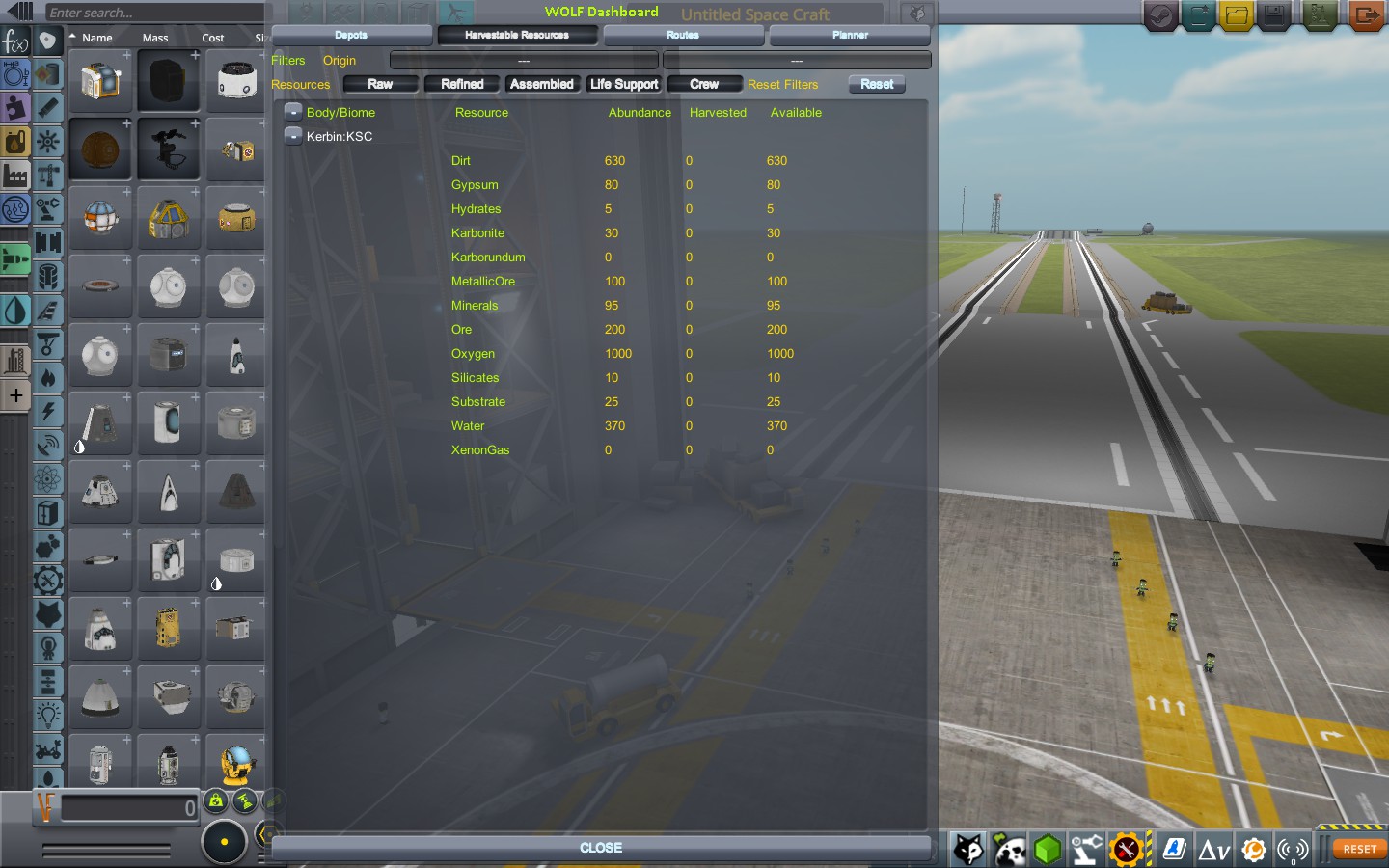 VAB scene showing WOLF Dashboard open to Harvestable Resources pane