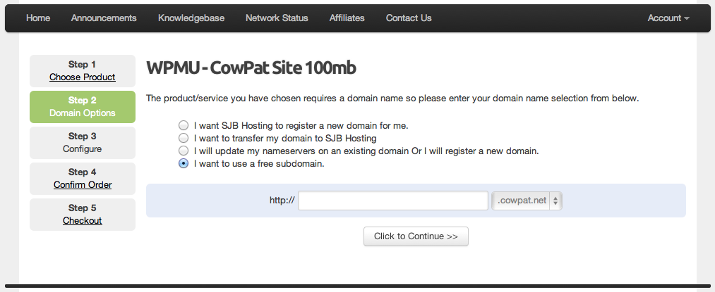 WHMCS - Choose A Sub Domain