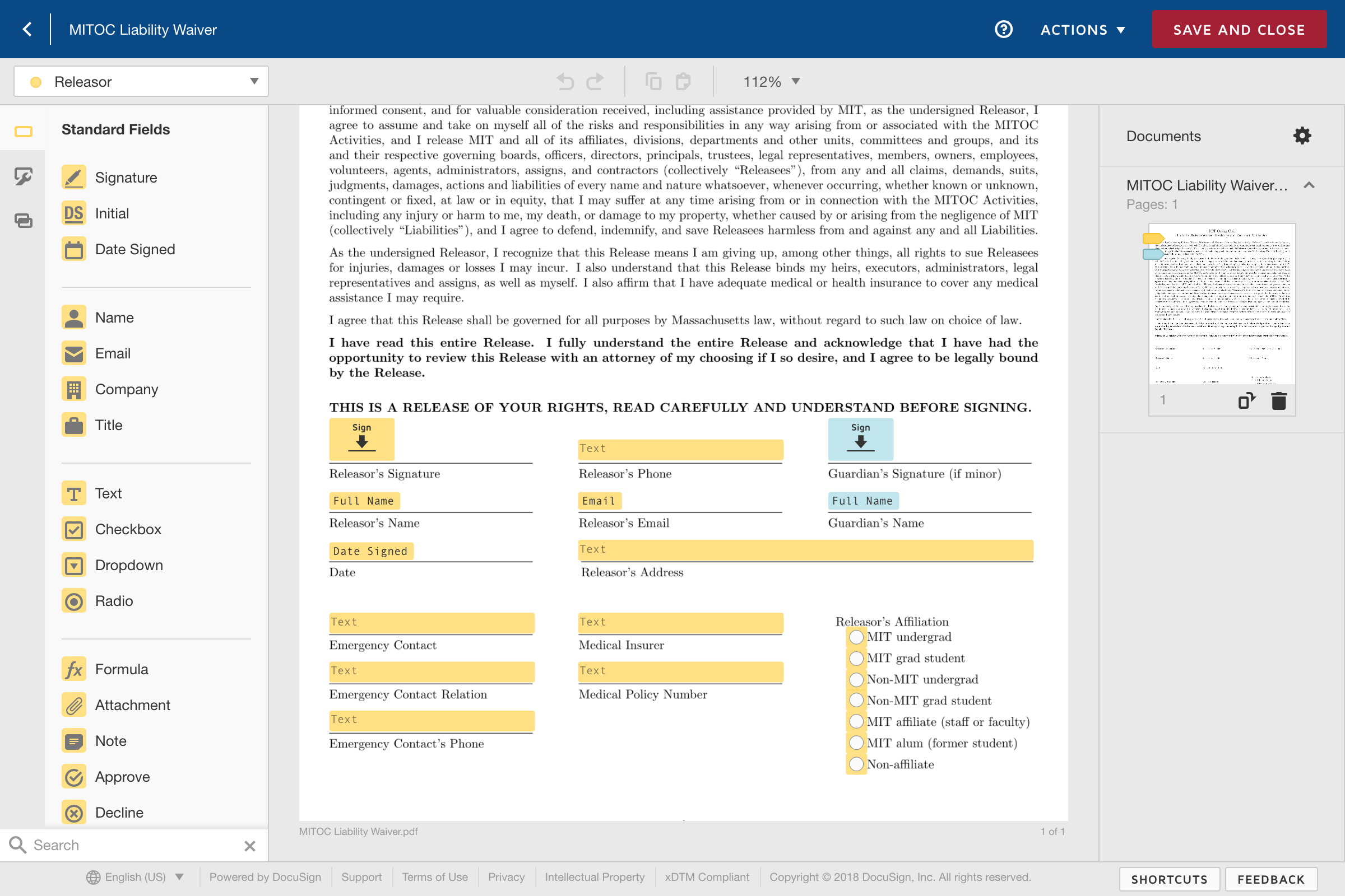 DocuSign template editor