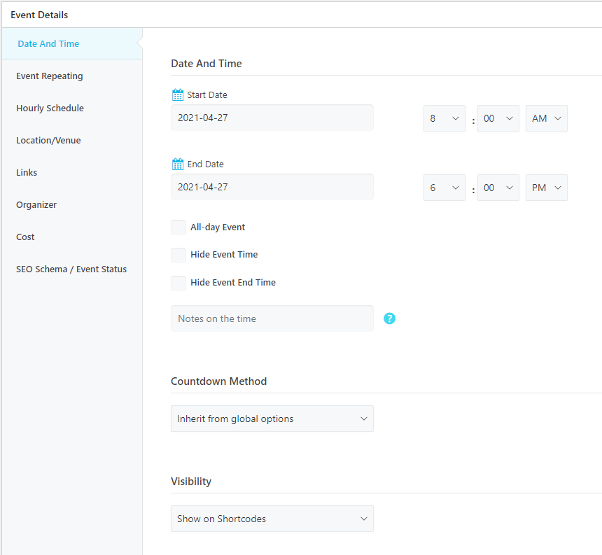 WordPress Event Calendar - Single event edit page