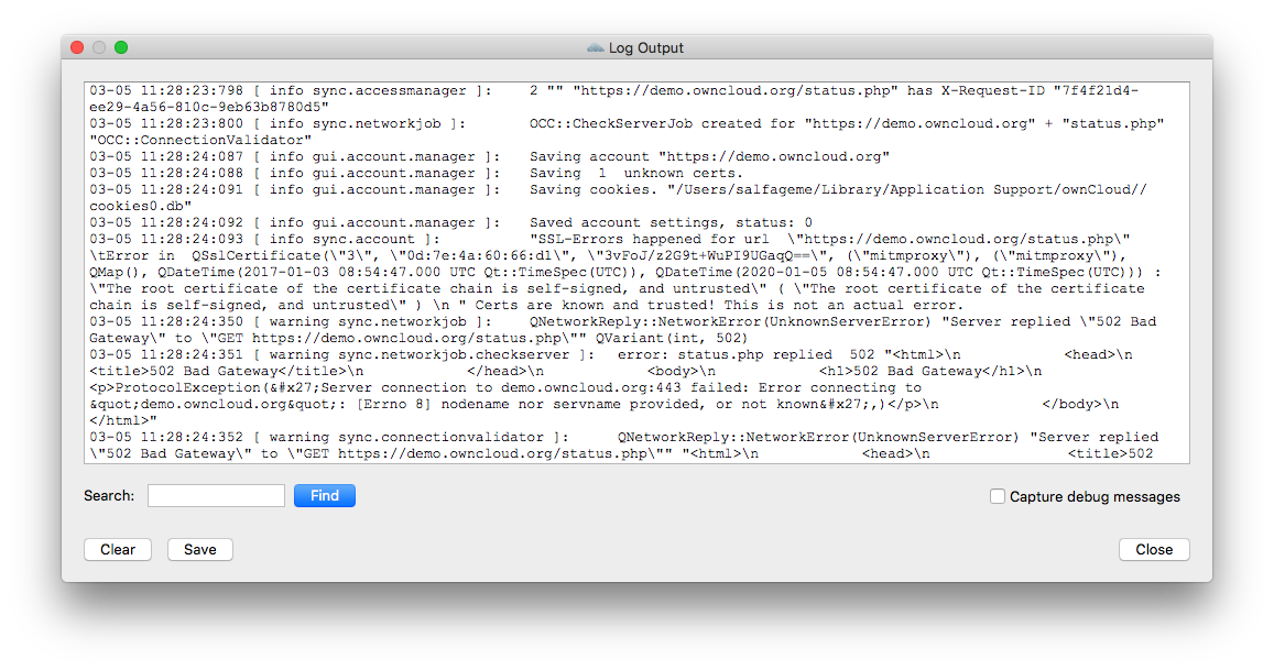 ownCloud client log output