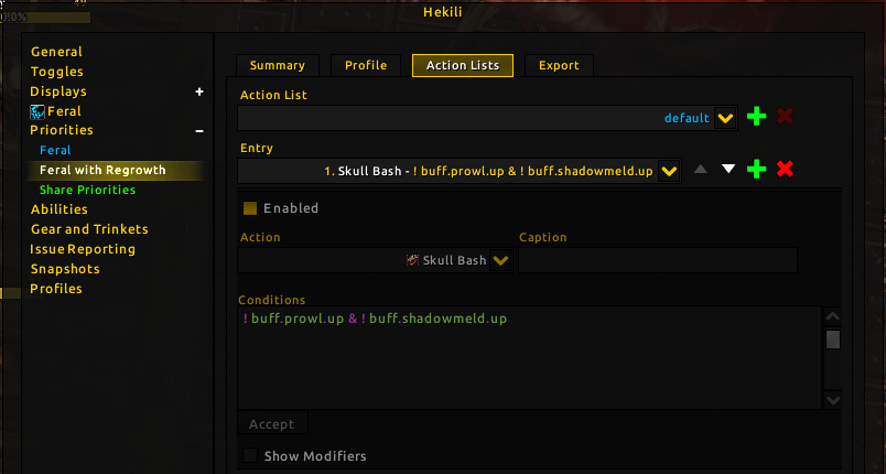 A screenshot of the Action Lists tab, opened to the first entry in the default action list.