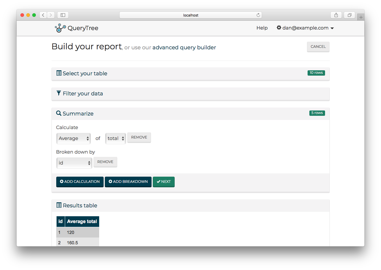 The QueryTree report summerize panel