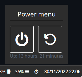 A screenshot of the custom power menu module open, with some other modules present on the bar