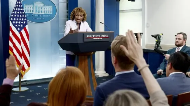 WASHINGTON, DC - JULY 08: White House Press Secretary Karine Jean-Pierre speaks during a daily news briefing at the James S. Brady Press Briefing Room of the White House on July 08, 2024 in Washington, DC. During the briefing reporters asked a range of questions pertaining to the upcoming NATO summit and U.S. President Joe Biden's health. (Photo by Anna Moneymaker/Getty Images)