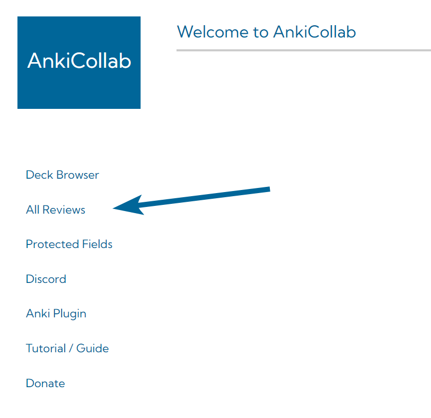 A blue arrow pointing to All Reviews on AnkiCollab.com