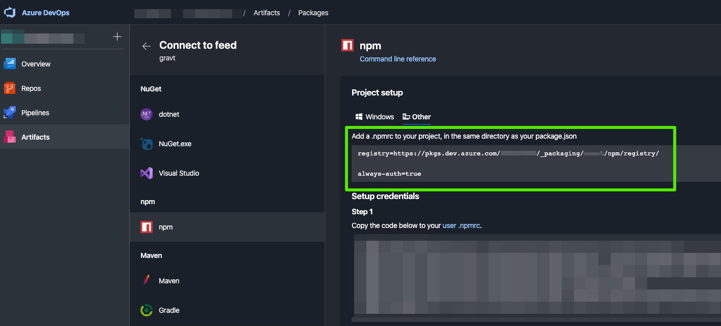 az devops npm feed connection