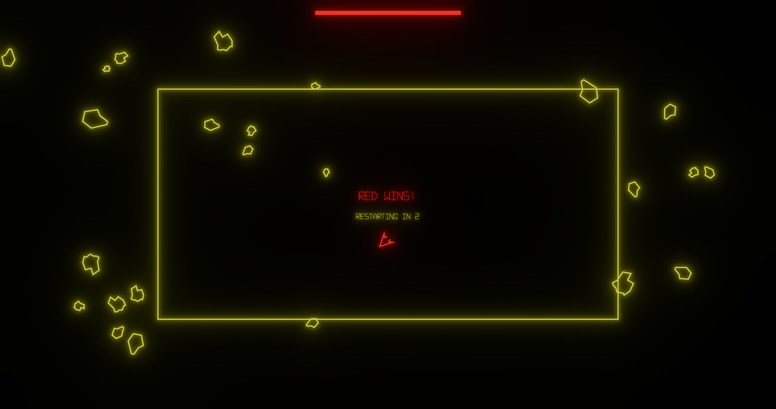 Screenshot of game with the text "red wins" and a red ship in the background with asteroids scattered around