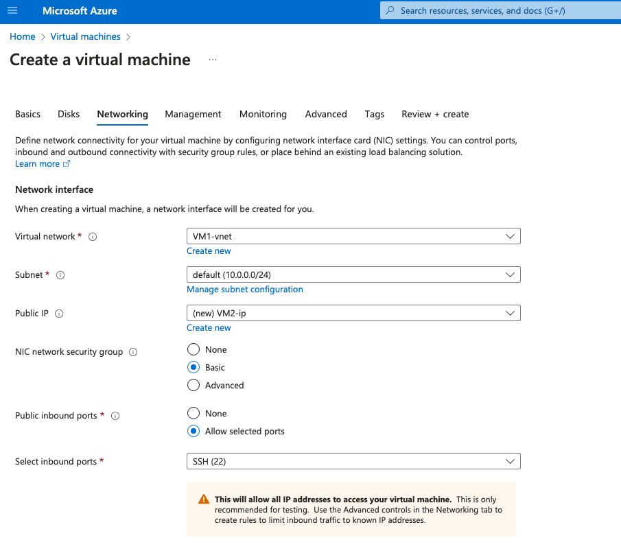 Networking Tab Two on Virtual Machine Page