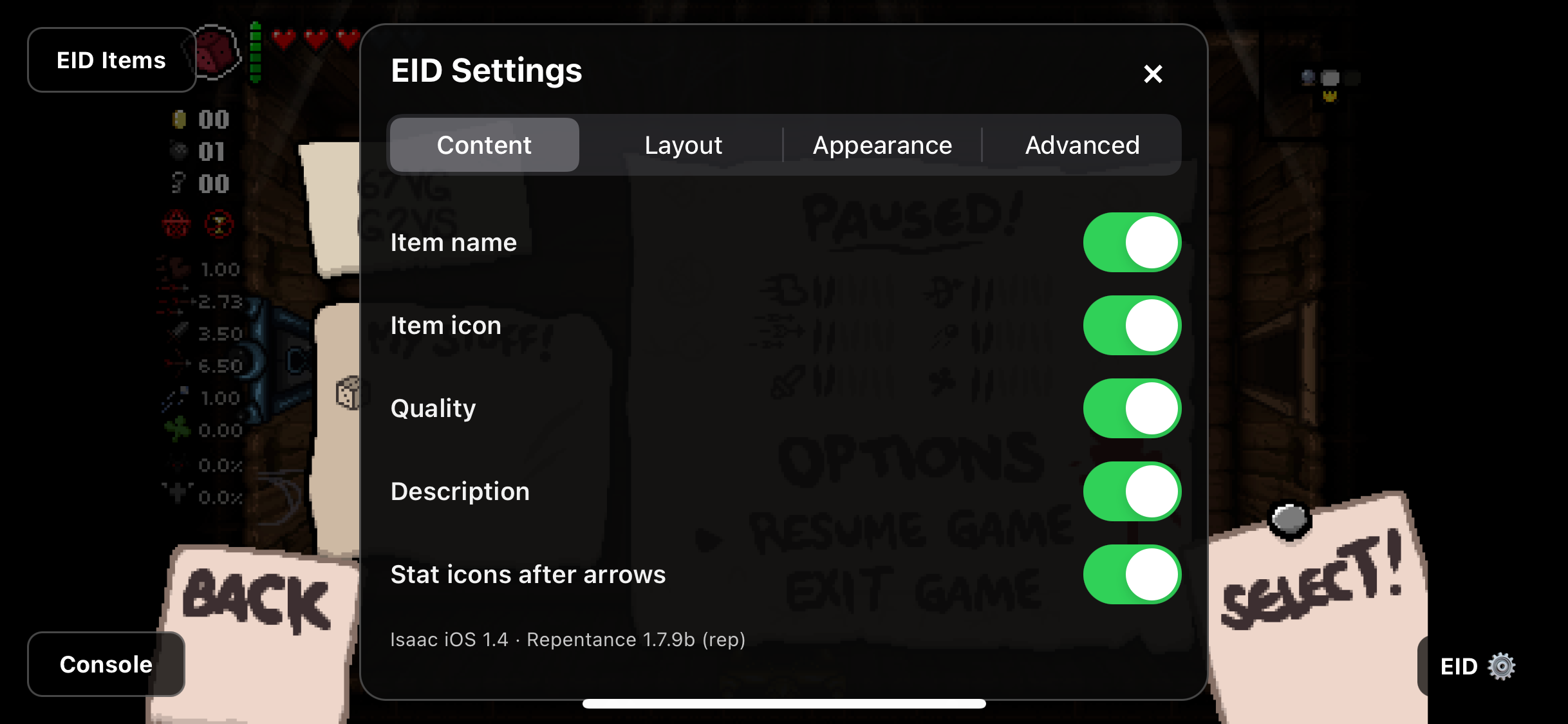 Control item names, icons, quality, descriptions and stat icons after arrows.