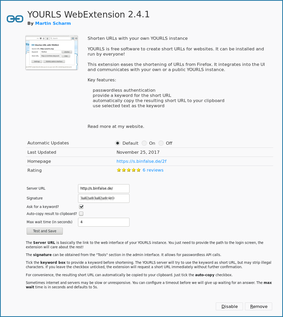 Preferences of the YOURLS shortener