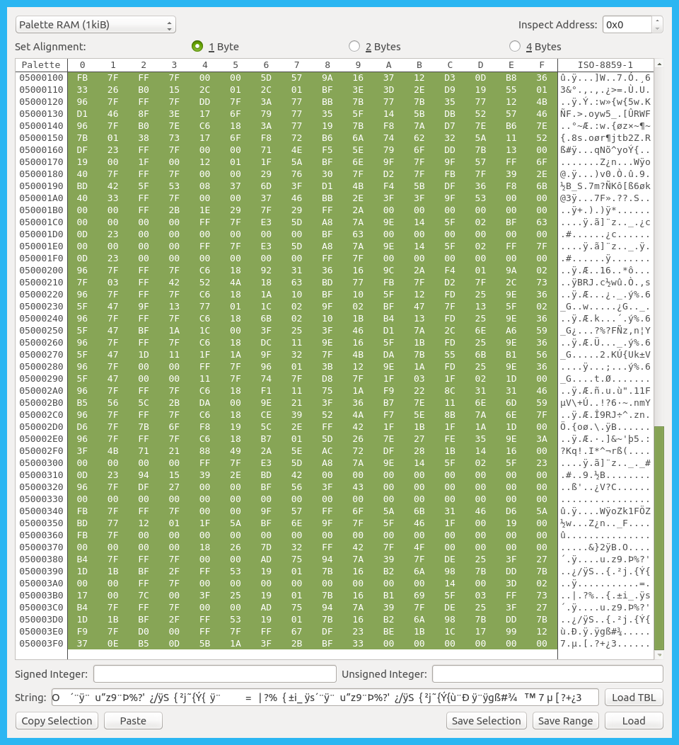 memory viewer, all palette ram selected