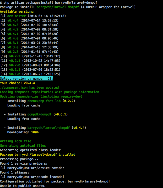 php artisan package:install barryvdh/laravel-dompdf