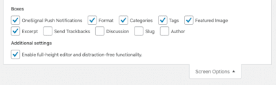 WordPress Editor Screen Options Dialogue