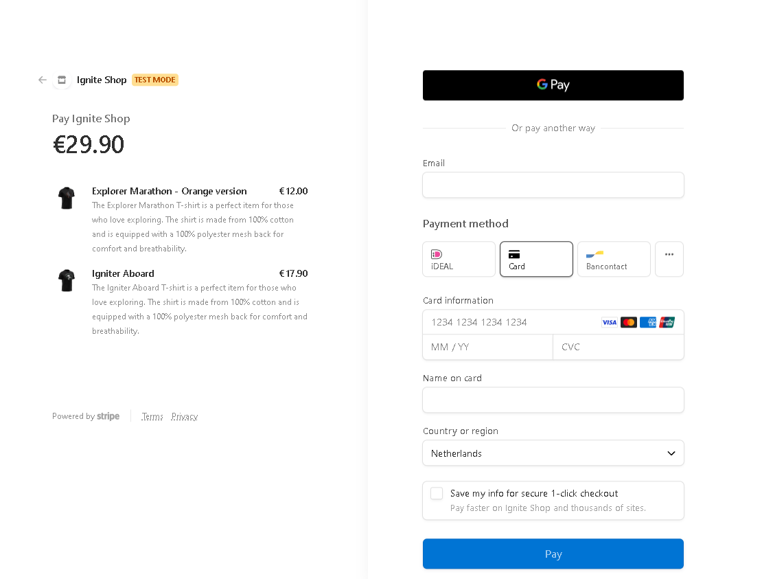 Ignite Shop - Checkout page on Stripe website - Github Repo