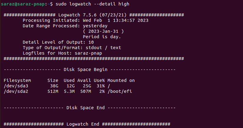 sudo logwatch --detail high terminal output