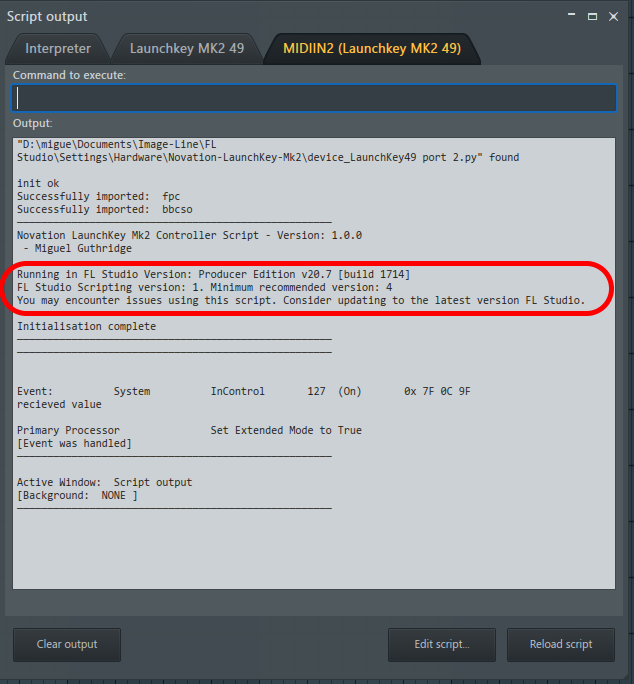 A screenshot of FL Studio's Script Output window, showing a warning at the top of the script output.