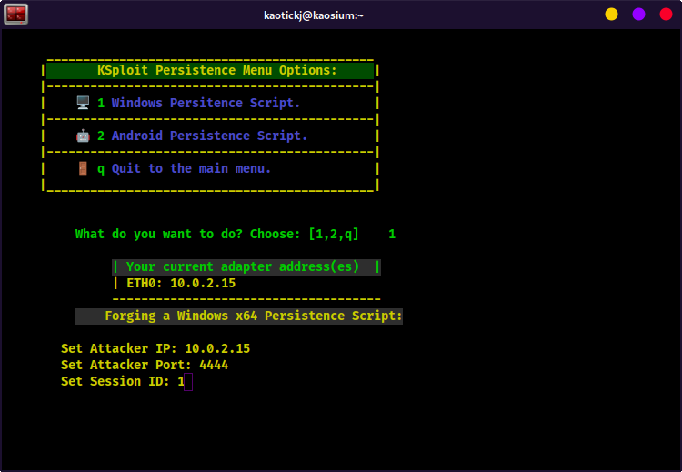 KSploit Persistence Menu Windows x64 Persistence Session