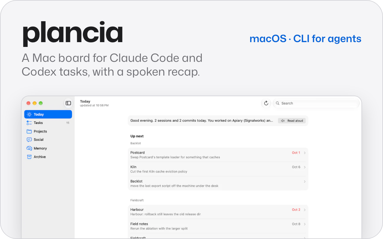 plancia. A Mac board for Claude Code and Codex tasks, with a spoken recap. Shows the Today window on the Mac, with a recap of the day and the next tasks by project.