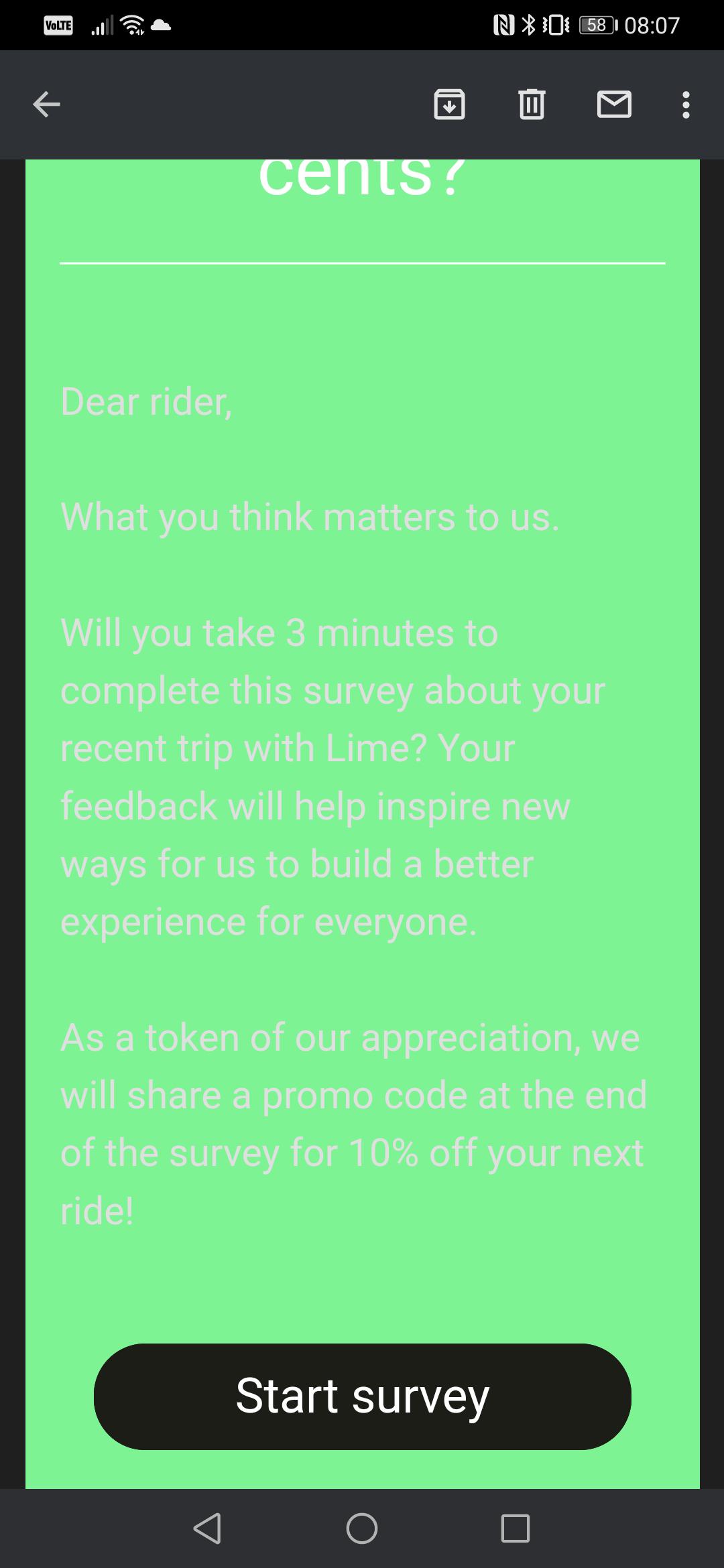 An email from Lime Scooters made unreadable by Gmail Dark Mode. The text is light grey on a very flashy green background.