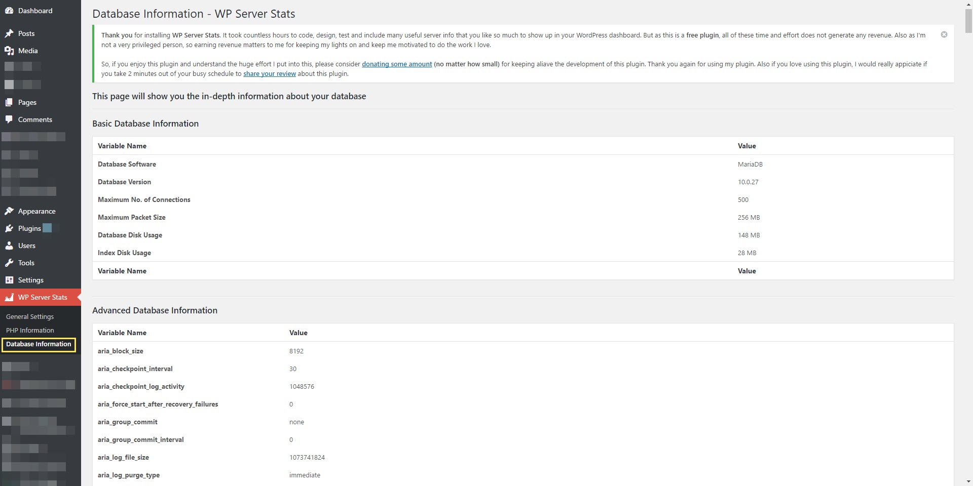 Page to show up more in-depth details about your Database server