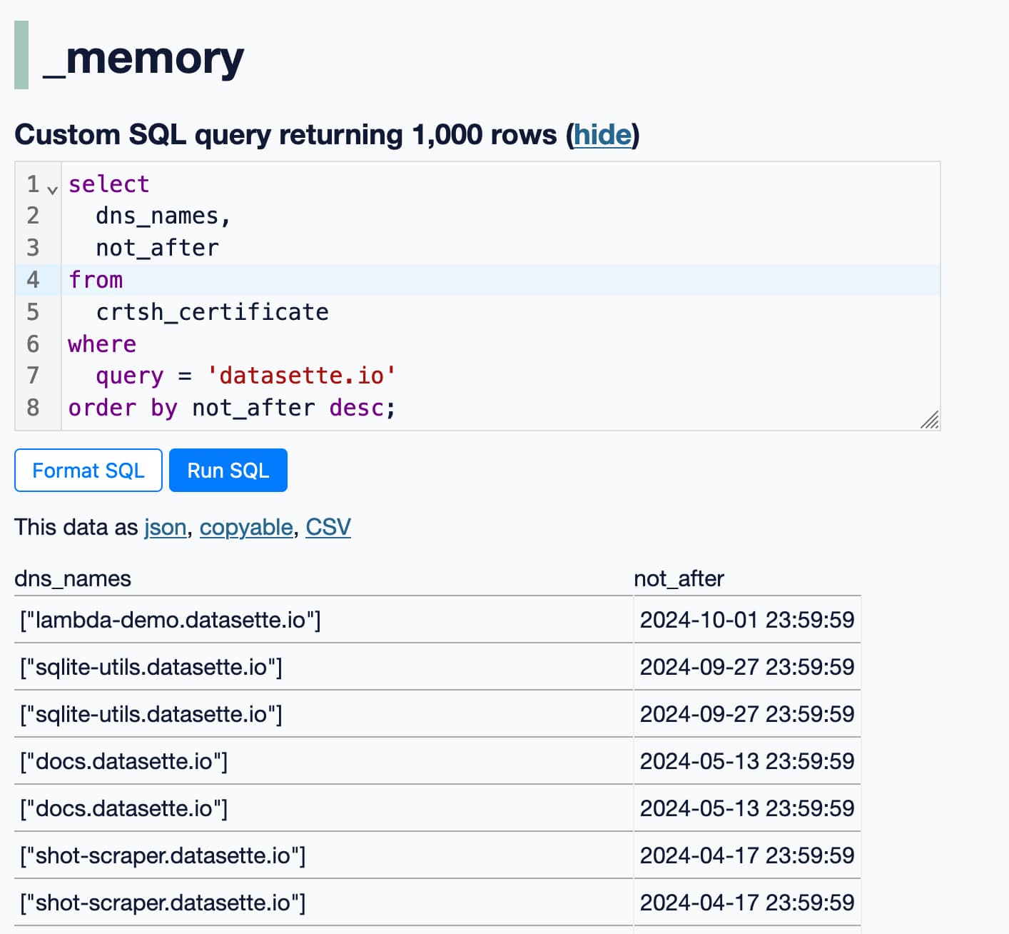 Screenshot of Datasette running that SQL query. The top results are lambda-demo.datasette.io 	2024-10-01 sqlite-utils.datasette.io 	2024-09-27 sqlite-utils.datasette.io 	2024-09-27 docs.datasette.io 	2024-05-13 docs.datasette.io 	2024-05-13 shot-scraper.datasette.io 	2024-04-17 shot-scraper.datasette.io 	2024-04-17