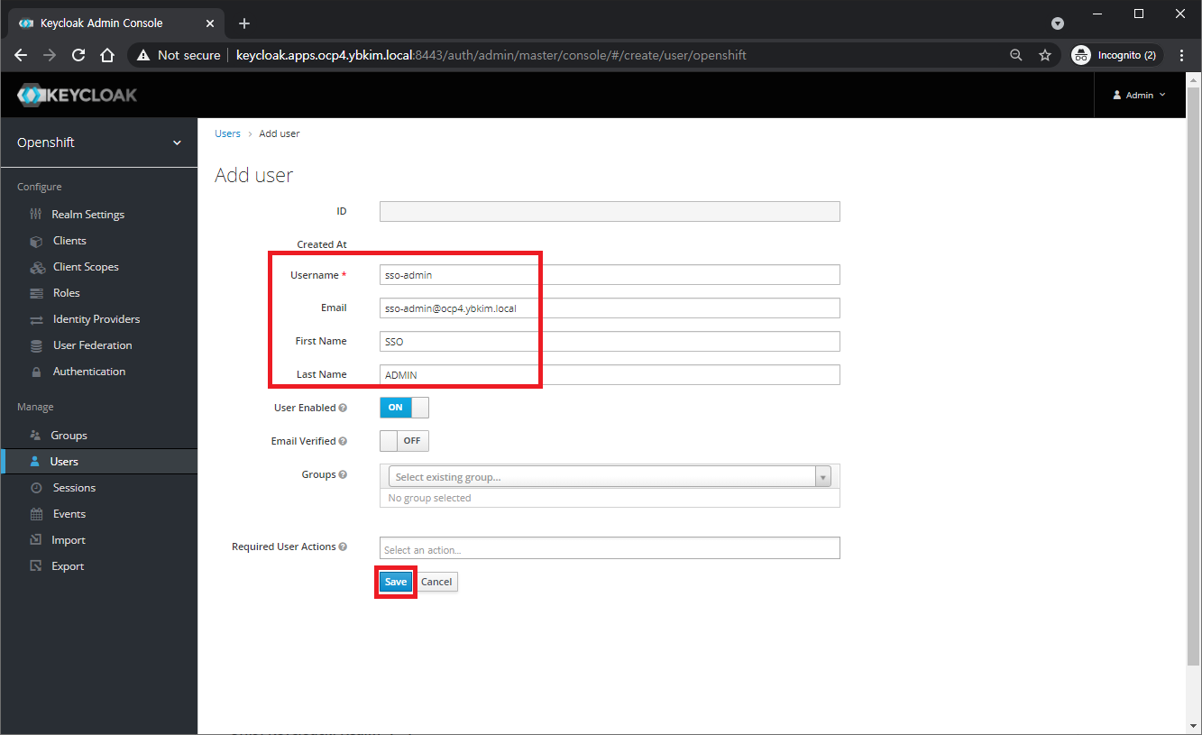 OpenShift v4.x - IDP Keycloak: Add Account of sso-admin #1