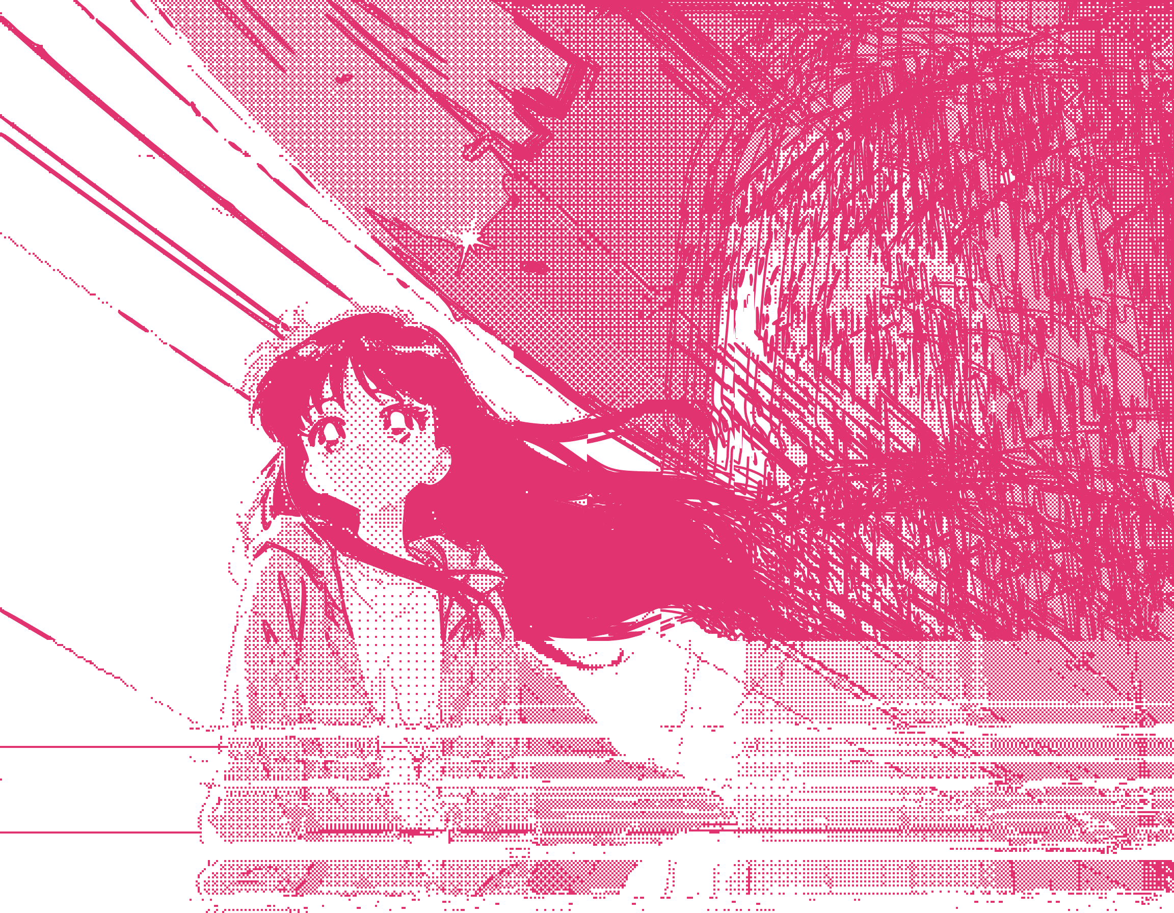 A pink dithered anime woman with long hair blowing in the wind, a huge satellite dish and concrete behind her, cables across the sky, the edges dissolving into echoing Bézier curves and the bottom torn by glitched compression; a different one on every visit