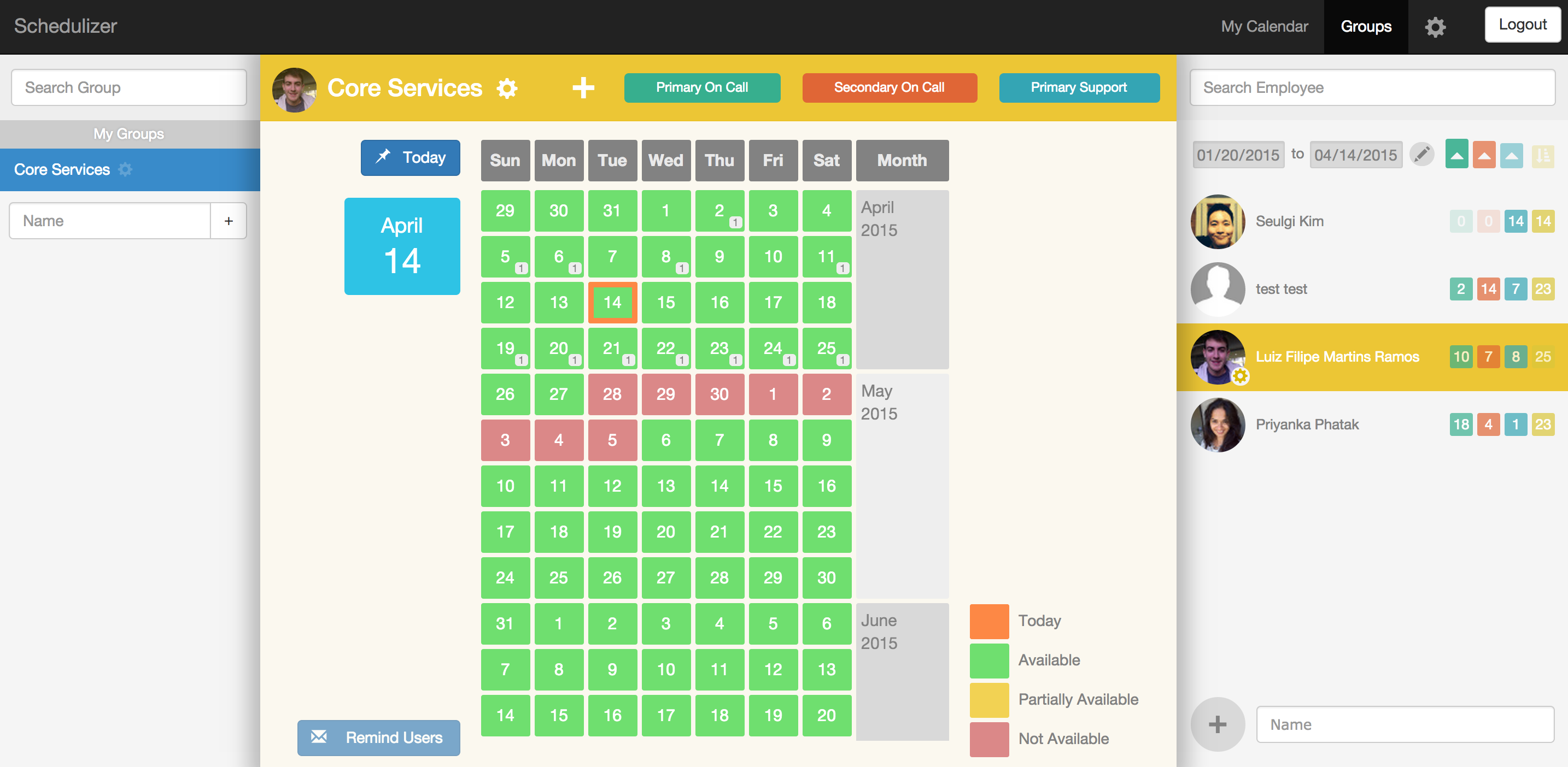 Schedulizer admin's view of a user's calendar